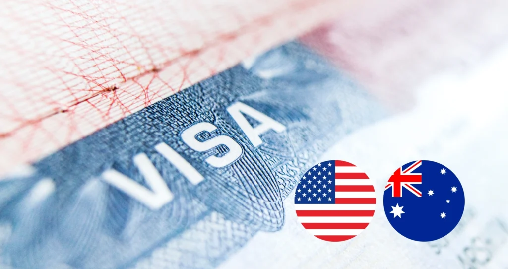 Close-up of a visa document with icons of the United States and Australian flags placed on the right side.
