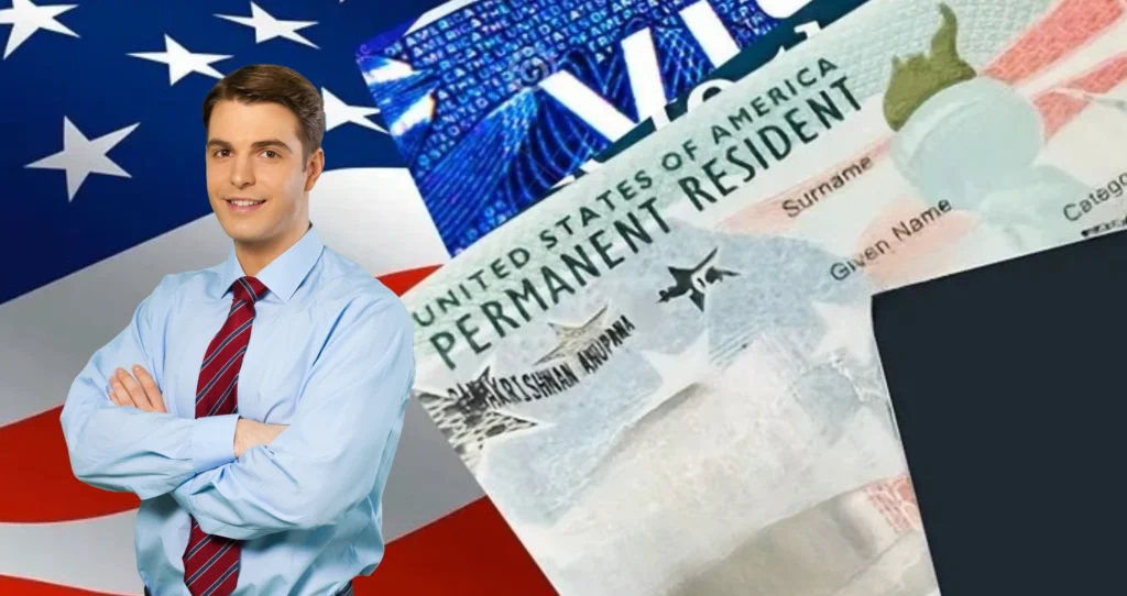 A professionally dressed man stands with folded arms in front of a background showing the U.S. flag, a digital visa graphic, and a U.S. permanent resident card.