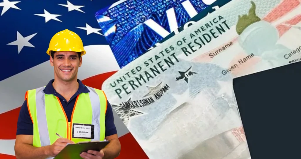 A smiling construction worker wearing a yellow hard hat and safety vest stands in front of a background featuring the U.S. flag, a digital visa graphic, and a U.S. permanent resident card.
