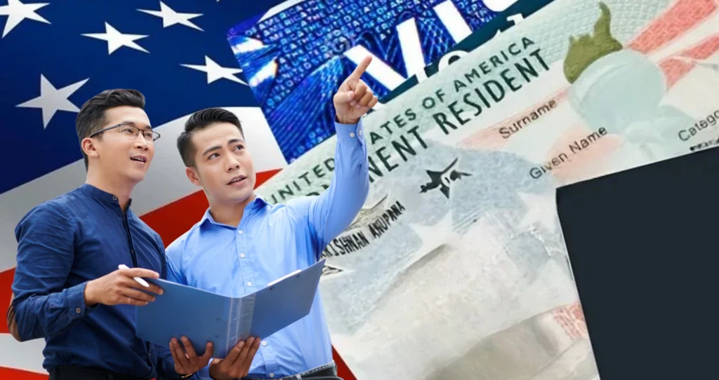 Two men holding documents stand in front of a background featuring the U.S. flag, a U.S. visa graphic, and a permanent resident card image.