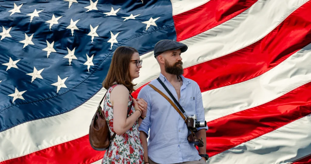 Icons or graphics representing different types of common U.S. visas such as work visas, student visas, and visitor visas.