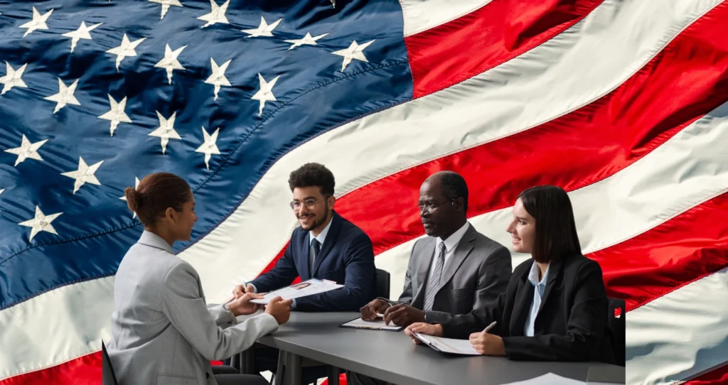 Icons or graphics representing different types of common U.S. visas such as work visas, student visas, and visitor visas.