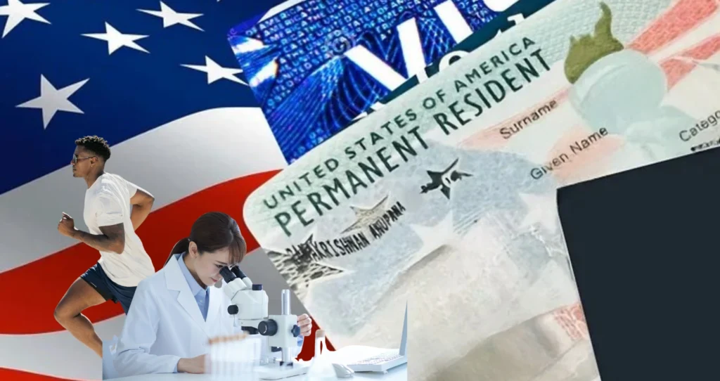 A collage showing the U.S. flag, a permanent resident card, a scientist using a microscope, and an athlete running, representing different visa categories.